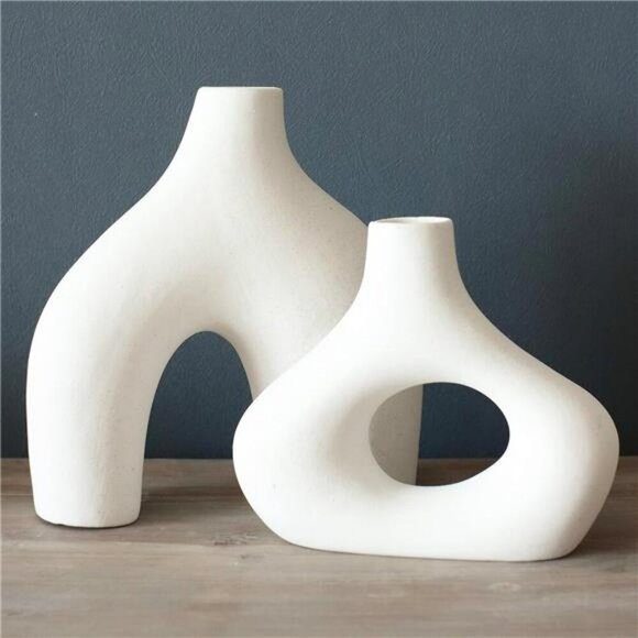 Set of 2 White Ceramic Donut Vases Modern Nordic Home Decor Centerpieces - Picture 2 of 8